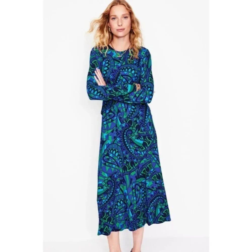 Boden Womens Midi Dress UK 6 US 2 Blue Paisley Twisted Waist Jersey D1040 NWT
